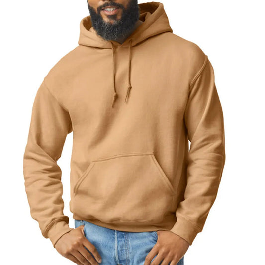 Man wearing a brown hoodie on a white background