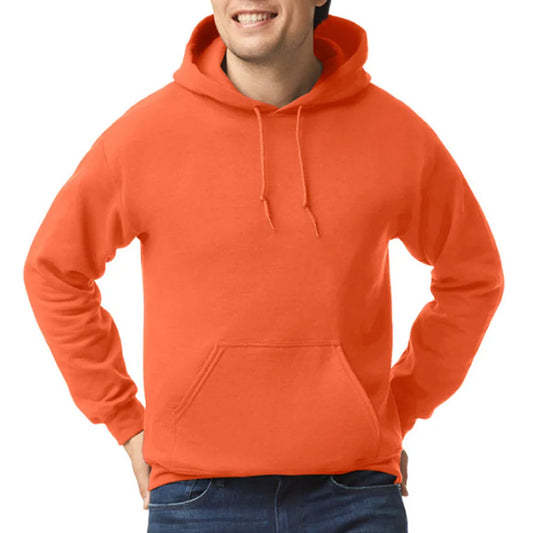 Person wearing an orange hoodie on a white background