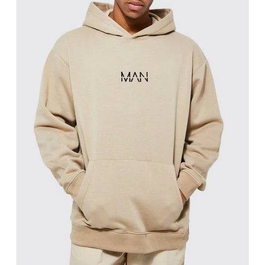 Beige hoodie with 'MANI' logo worn by a person on a white background