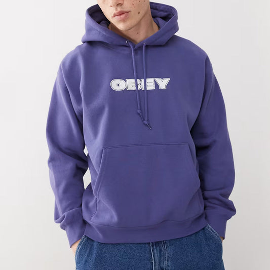Person wearing a purple hoodie with 'OBEY' logo on a white background