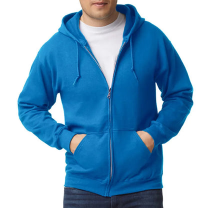 Blue hoodie worn by a person on a white background