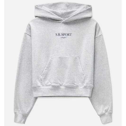 Gray hoodie with 'S.R. Sport' logo on a white background