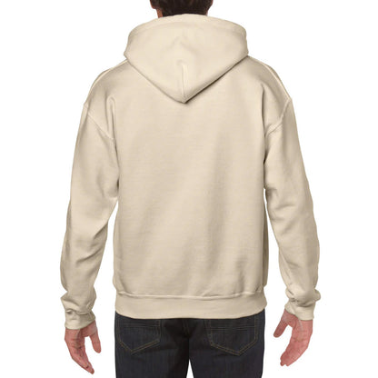 Beige hoodie worn by a person on a white background