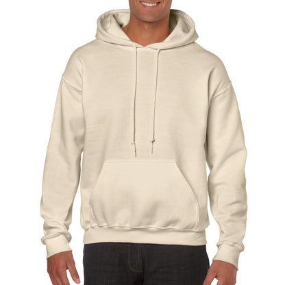 Beige hoodie worn by a person on a white background