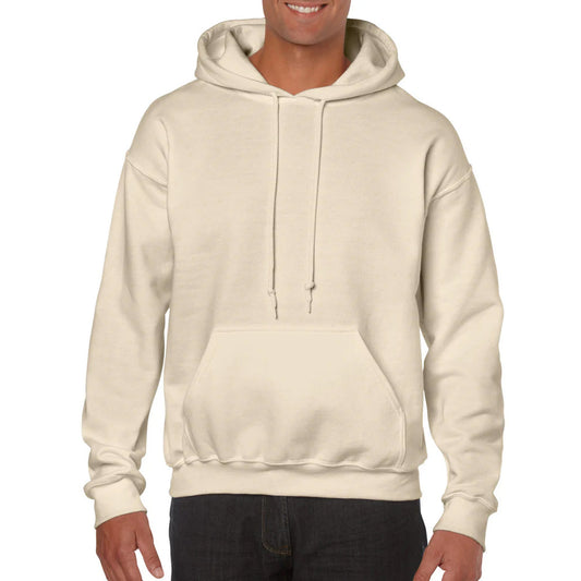 Beige hoodie worn by a person on a white background