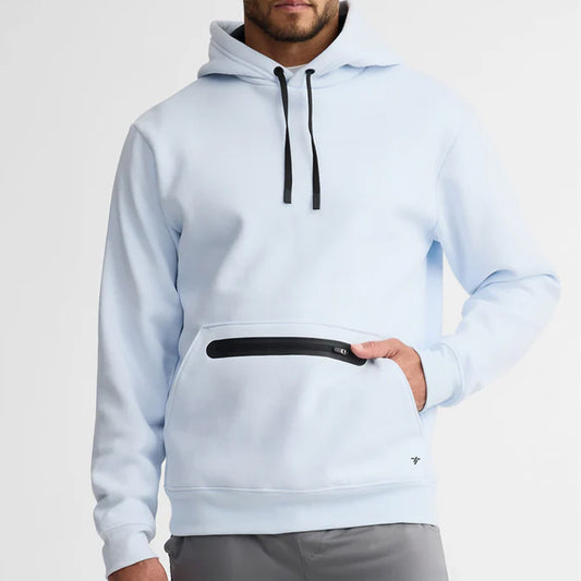 Light blue hoodie with black accents worn by a person on a white background