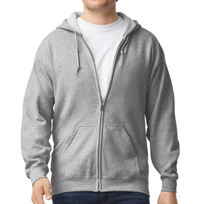 Gray hoodie worn by a person on a white background