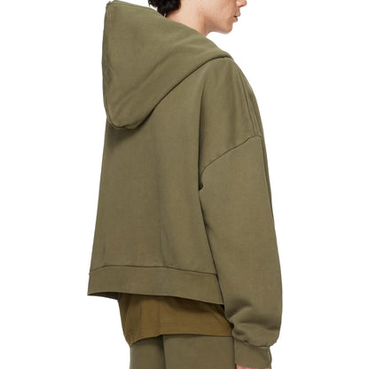 Person wearing a green hoodie on a white background