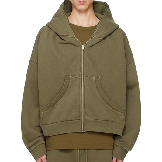 Green hoodie with a zipper on a white background