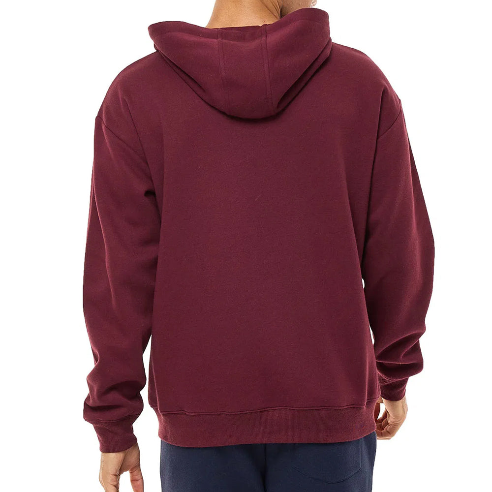 Maroon hoodie worn by a person on a white background