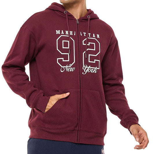 Maroon hoodie with 'Manhattan 92 New York' text on a white background