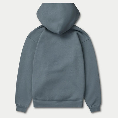 Blue hoodie shown from the back on a light gray background