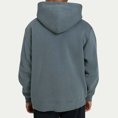 Back view of a person wearing a plain gray hoodie on a white background