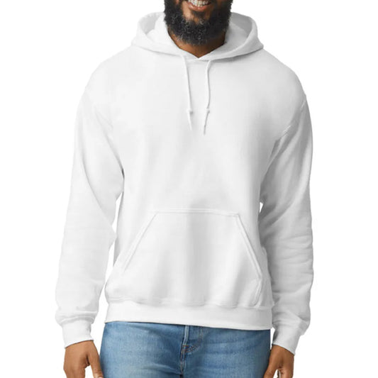 Person wearing a white hoodie on a white background