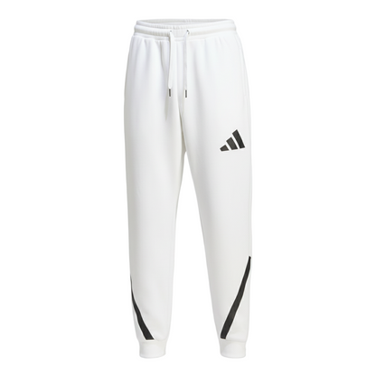 White Adidas tracksuit pants with black logo and stripes on a white background