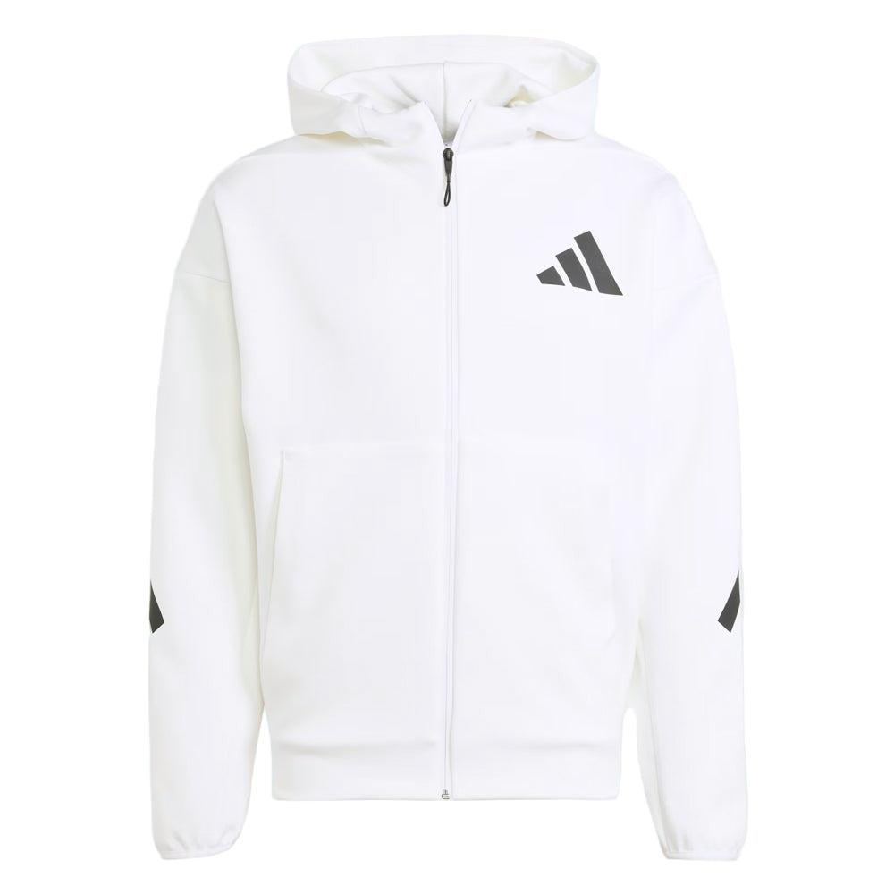 White hoodie with Adidas logo on a white background