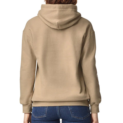 Beige hoodie worn by a person on a white background
