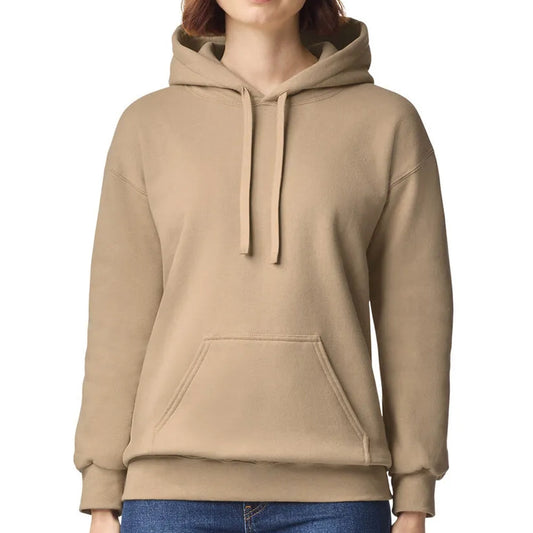 Beige hoodie worn by a person on a white background