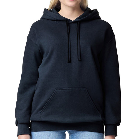 Person wearing a navy blue hoodie on a white background