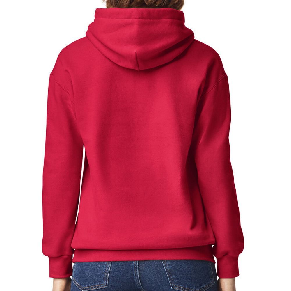Red hoodie worn by a person on a white background