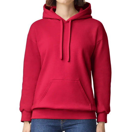Red hoodie worn by a person on a white background