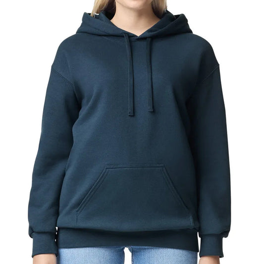 Person wearing a blue hoodie on a white background