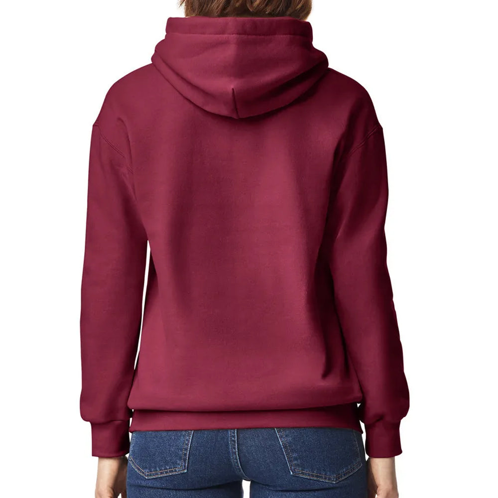 Maroon hoodie worn by a person on a white background