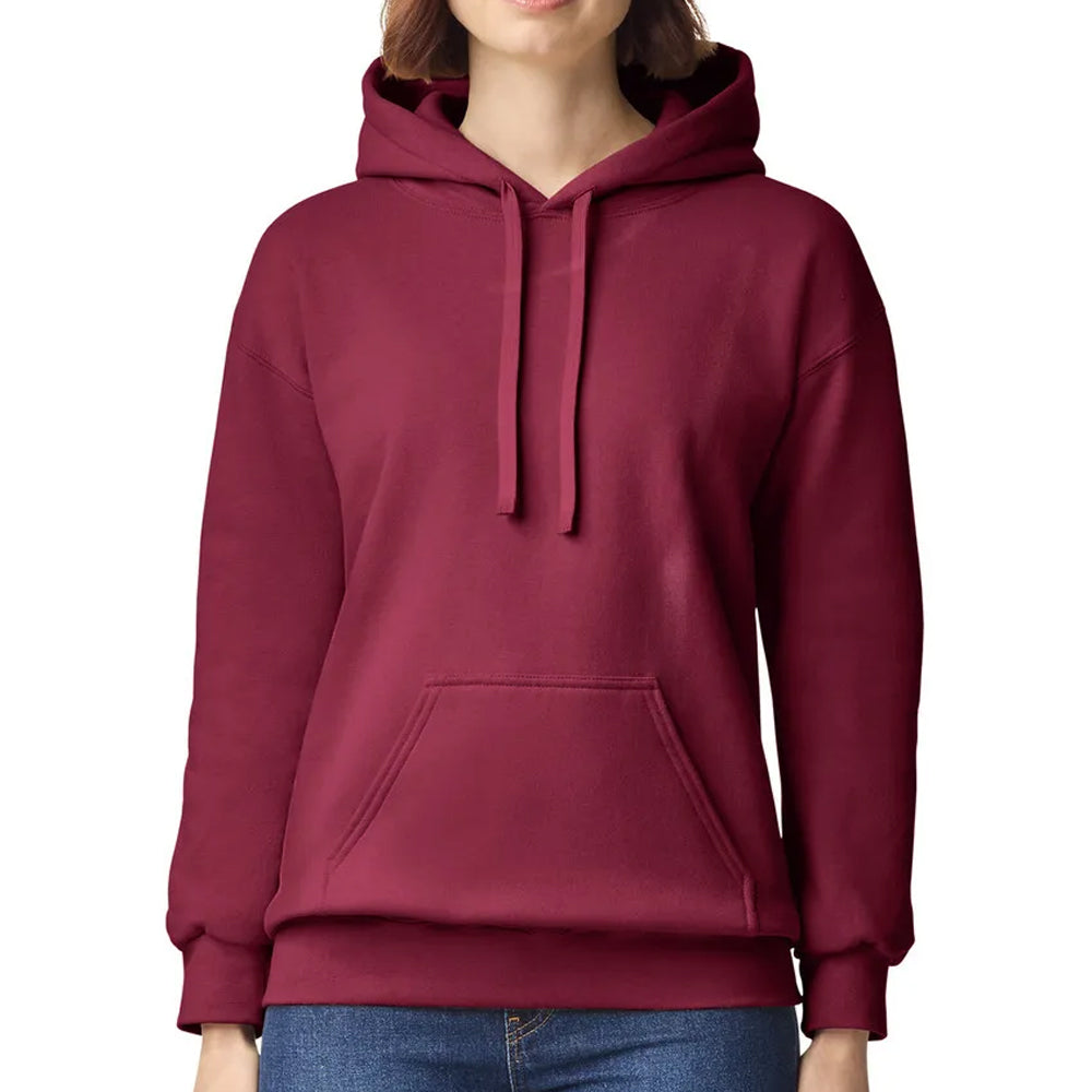 Maroon hoodie worn by a person on a white background