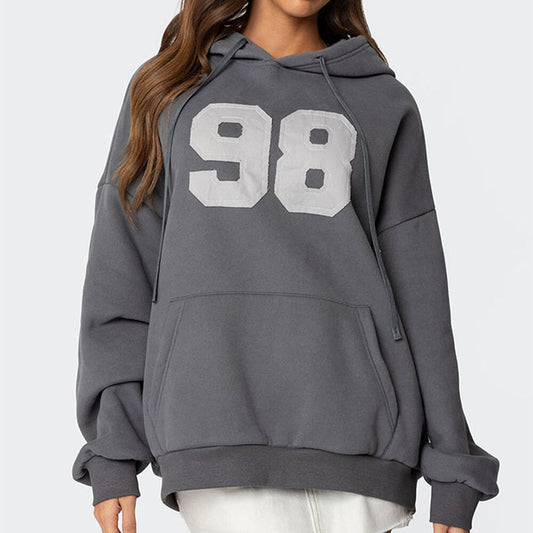 Gray hoodie with the number 98 on a white background