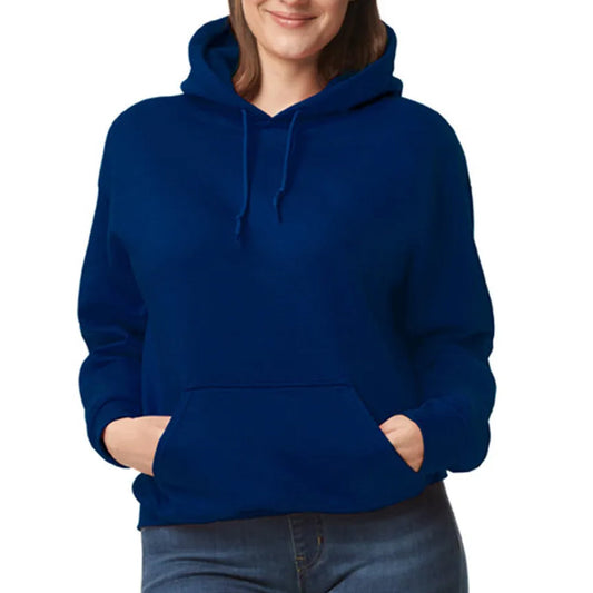 Person wearing a blue hoodie on a white background
