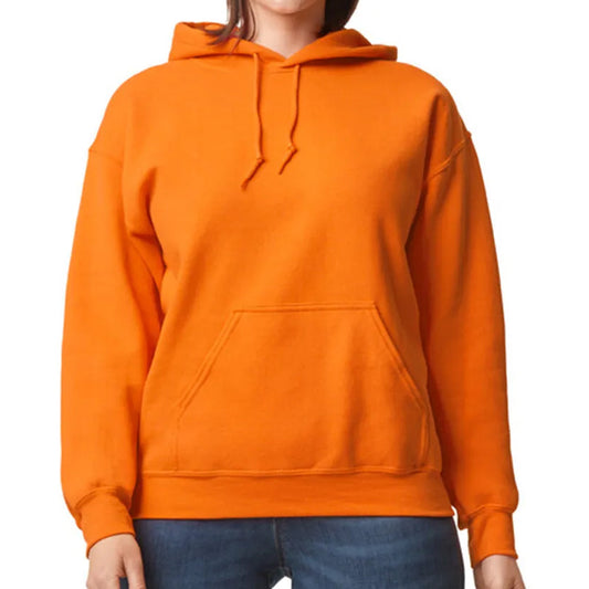 Orange hoodie worn by a person on a white background