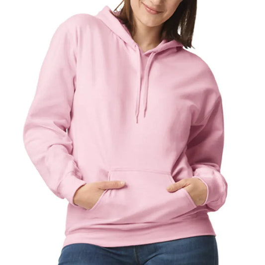 Person wearing a pink hoodie on a white background