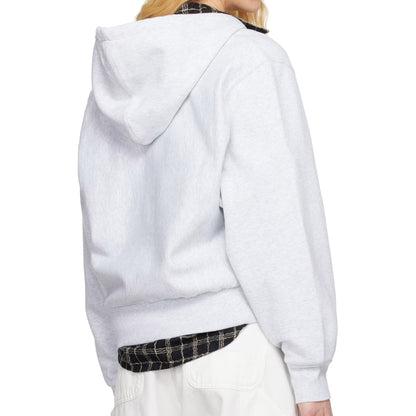Person wearing a white hoodie with plaid lining on a white background