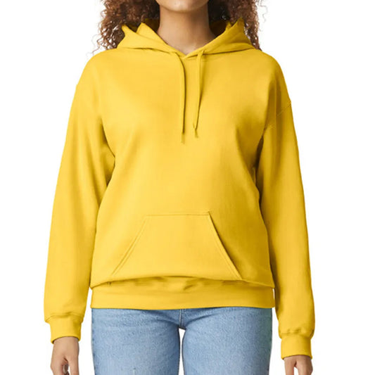 Yellow hoodie worn by a person on a white background