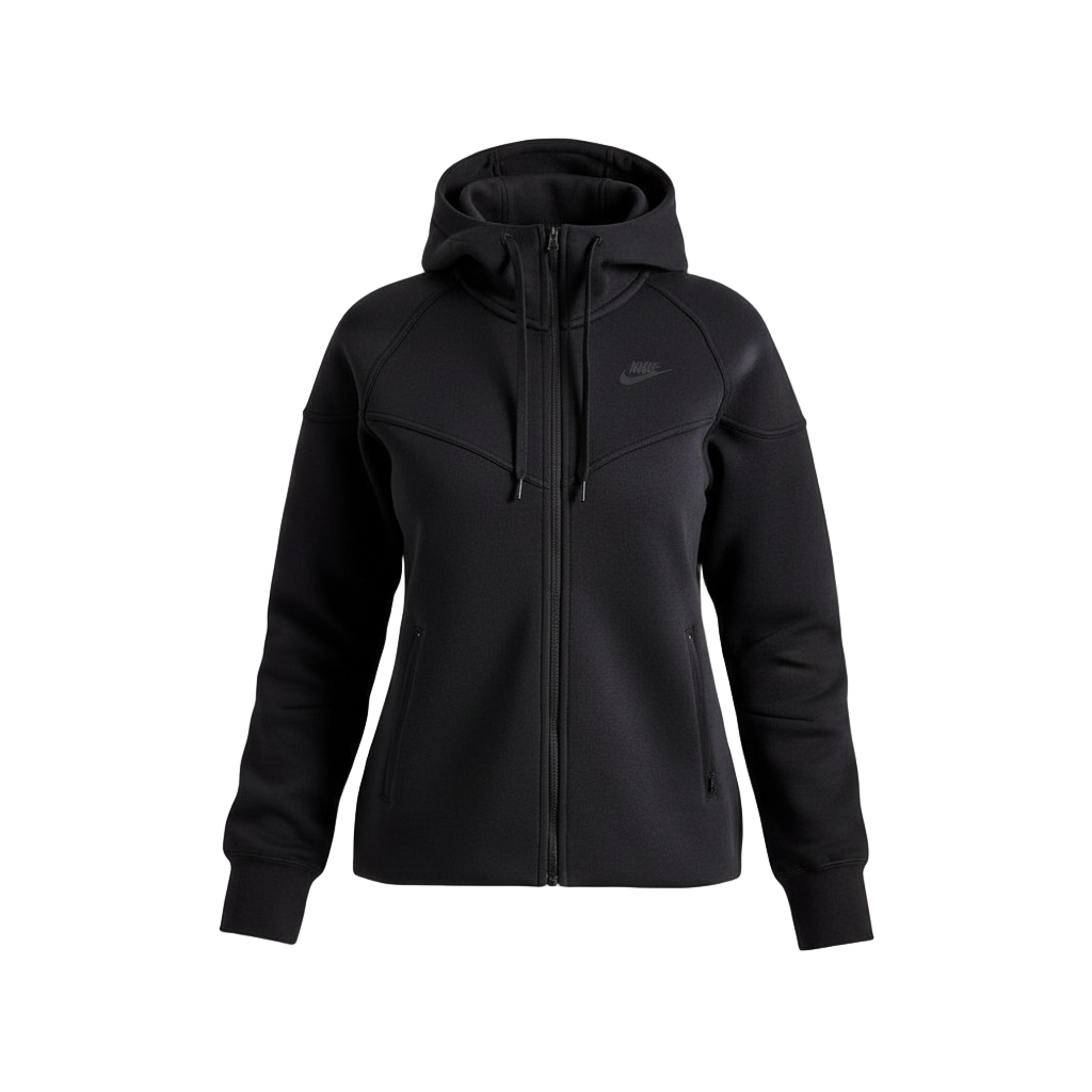 Black hoodie with a brand logo on a white background