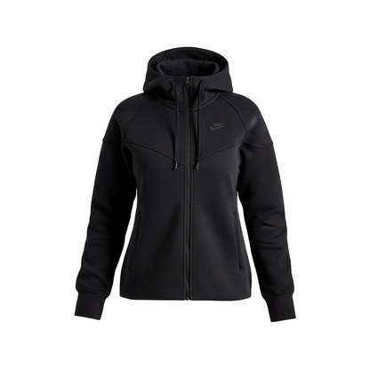 Black hoodie with a brand logo on a white background