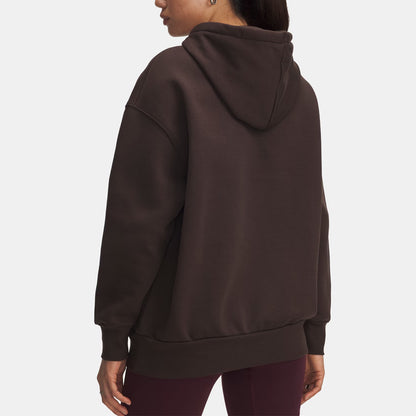 Brown hoodie worn by a person on a white background