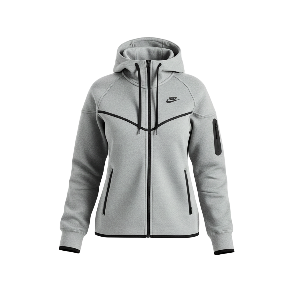 Gray hoodie with black accents and Nike logo on a white background