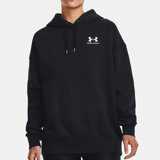 Person wearing a black Under Armour hoodie on a light gray background