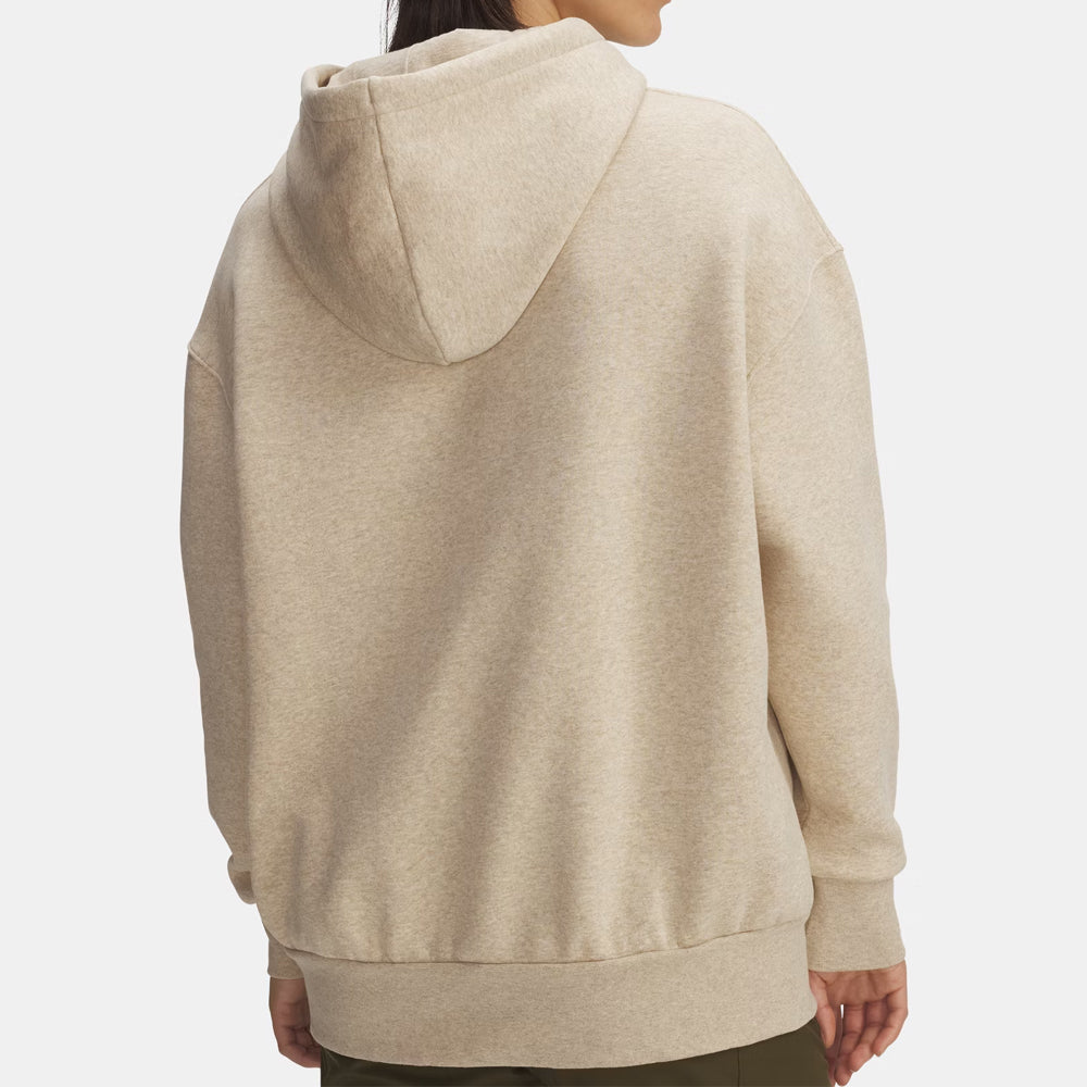 Beige hoodie worn by a person on a white background