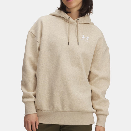 Beige hoodie with a brand logo on a white background