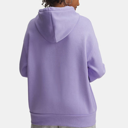 Person wearing a purple hoodie from behind on a white background