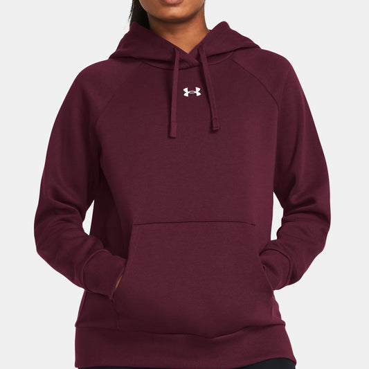 Maroon hoodie with a brand logo on a plain background