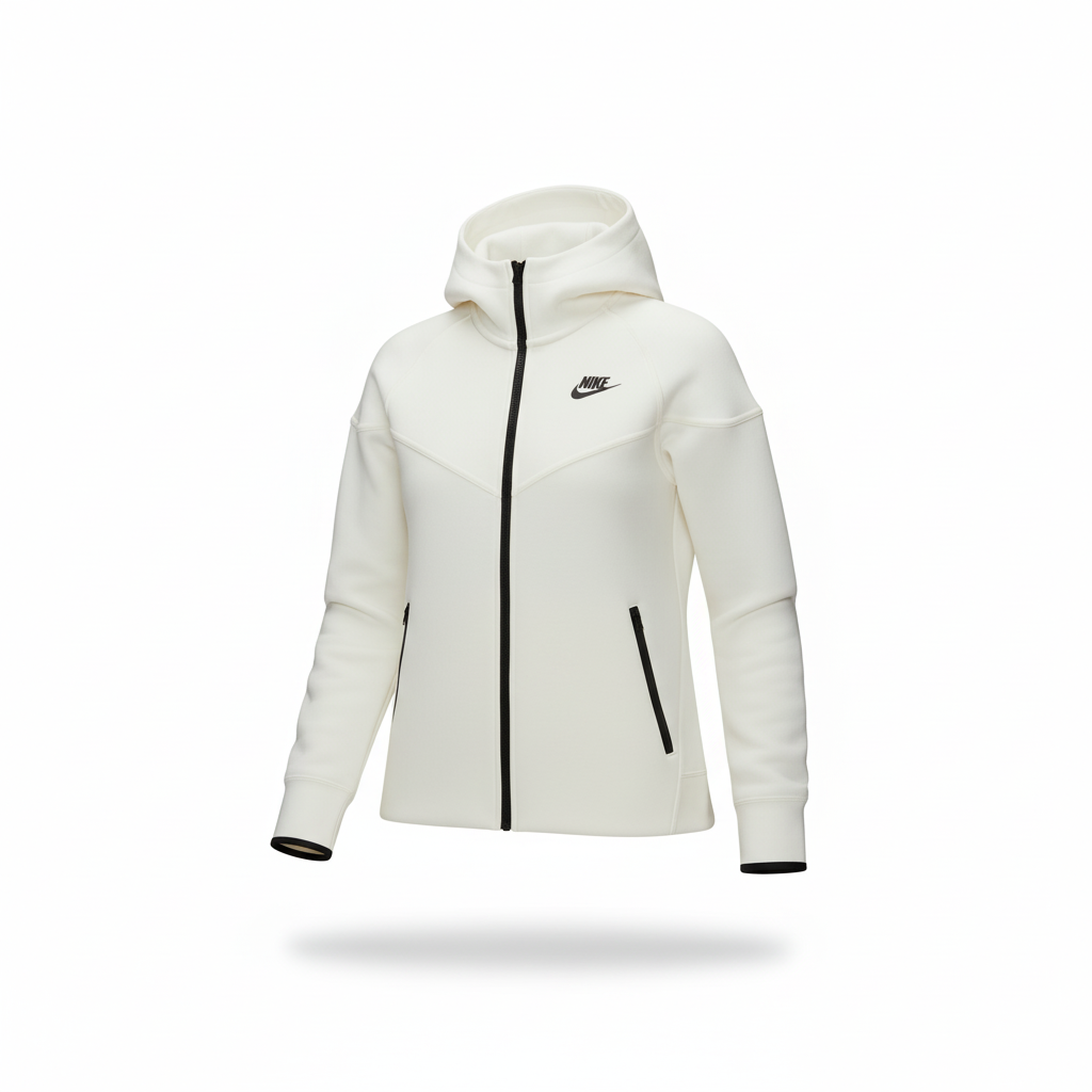 White puffer jacket with black zippers and accents on a white background