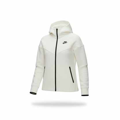 White puffer jacket with black zippers and accents on a white background