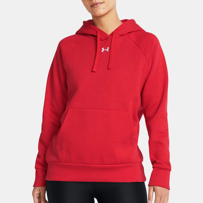Red hoodie with a brand logo on a white background