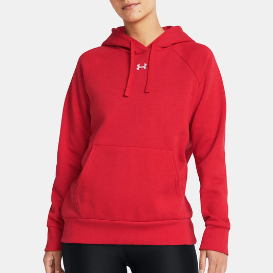 Red hoodie with a brand logo on a white background