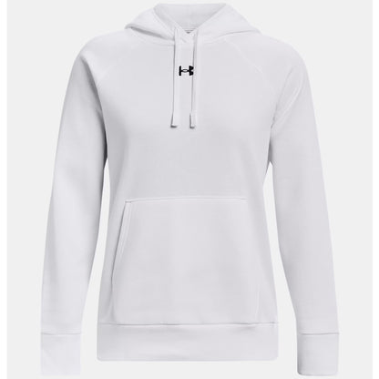 White hoodie with a brand logo on a white background