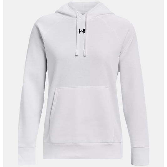 White hoodie with a brand logo on a white background