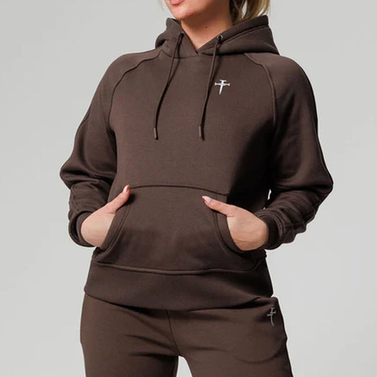 Brown hoodie with a small logo on a plain background